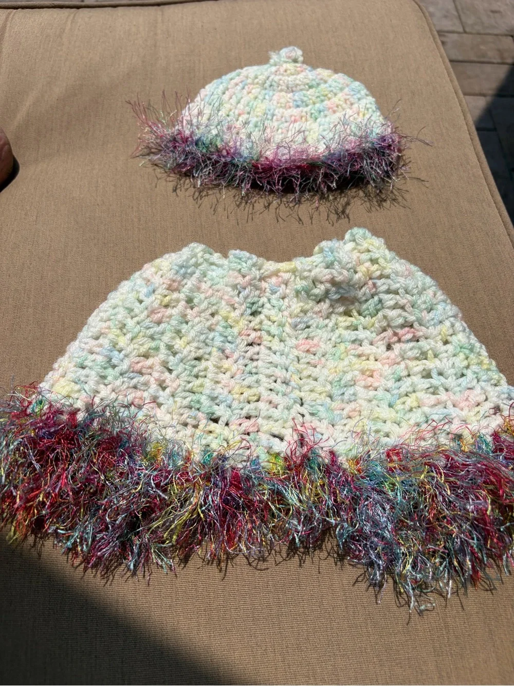 Pastel Crocheted  doll clothes Hat and Shawl Set with Rainbow fringe Trim